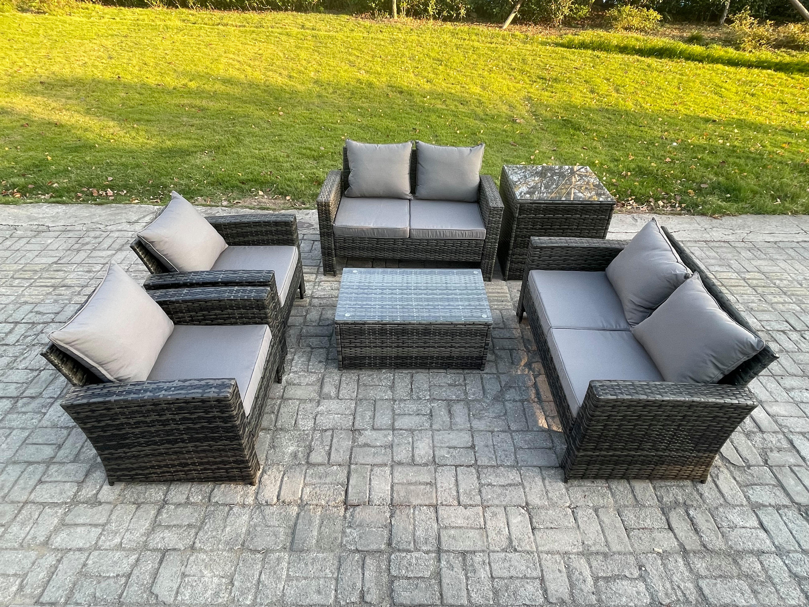 GARTEN-SITZGRUPPE Polyrattan Dunkelgrau 6-Sitzer - Dunkelgrau, Metall - Fimous