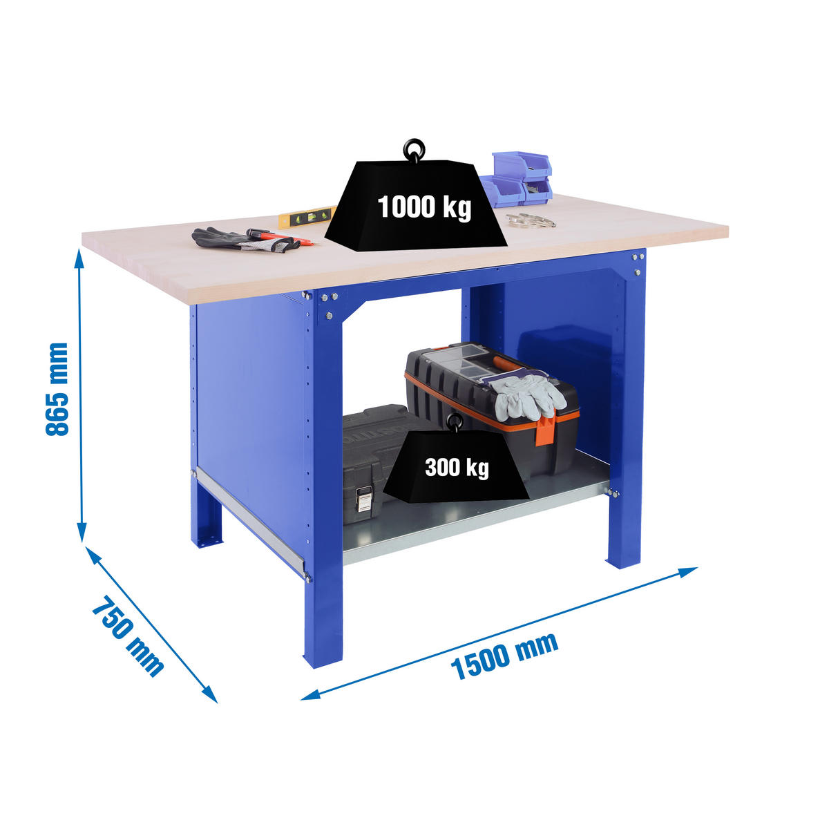WERKBANK Buffalo Wood HxBxT 86,5 x 150 x 75 cm Traglast 1000 kg Blau - Blau, Metall (150/86.5/75cm) - PROREGAL