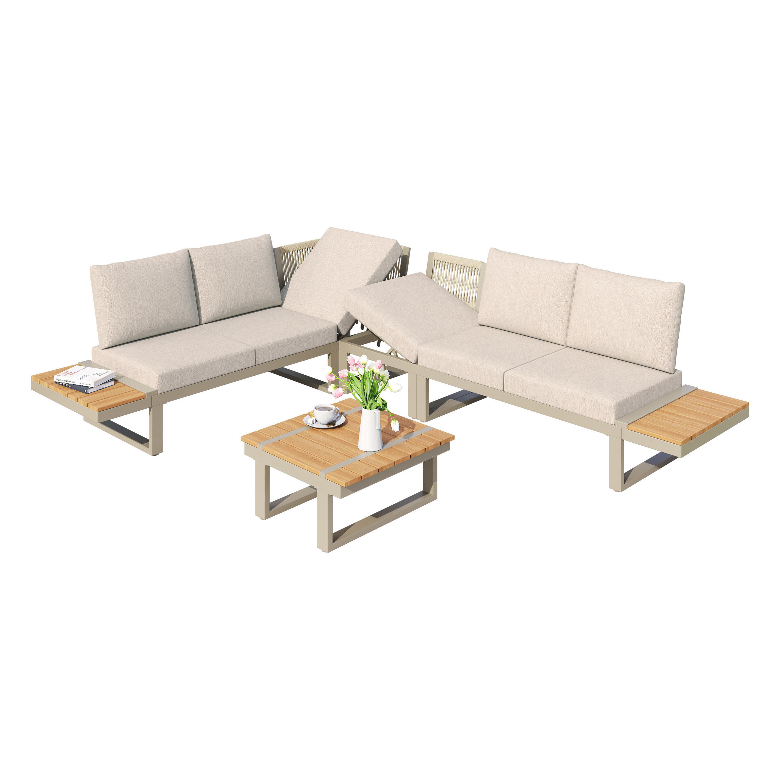 GARTENMÖBEL-SET 218/71/72 cm beige aus Stahl und Polyester mit Ablagen und Liegefunktion - Beige, Metall - OKWISH