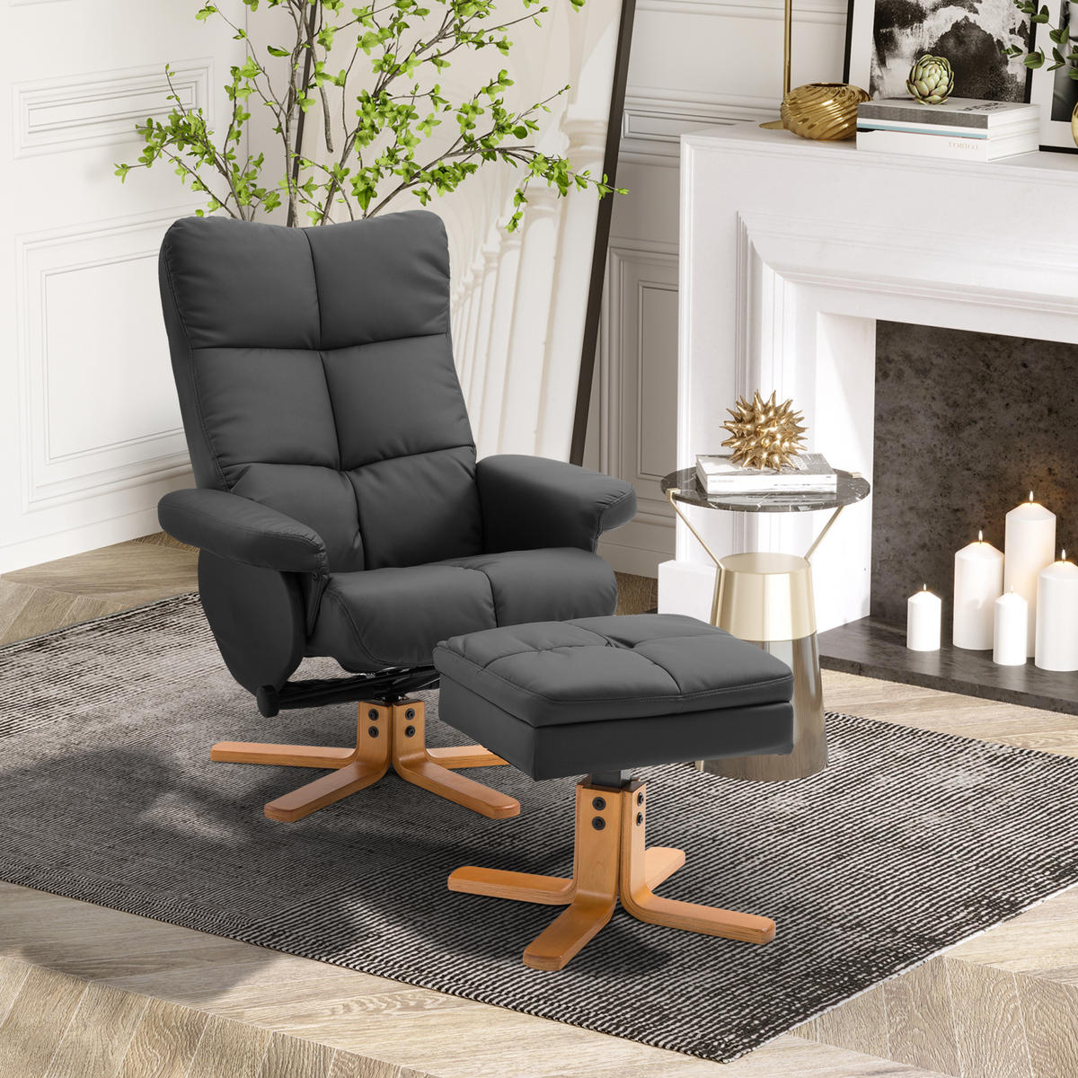 RELAXSESSEL mit Hocker Fernsehsessel 360° drehbar Liegefunktion Holz Schwarz - Schwarz, Holz (86/99/80cm) - HOMCOM