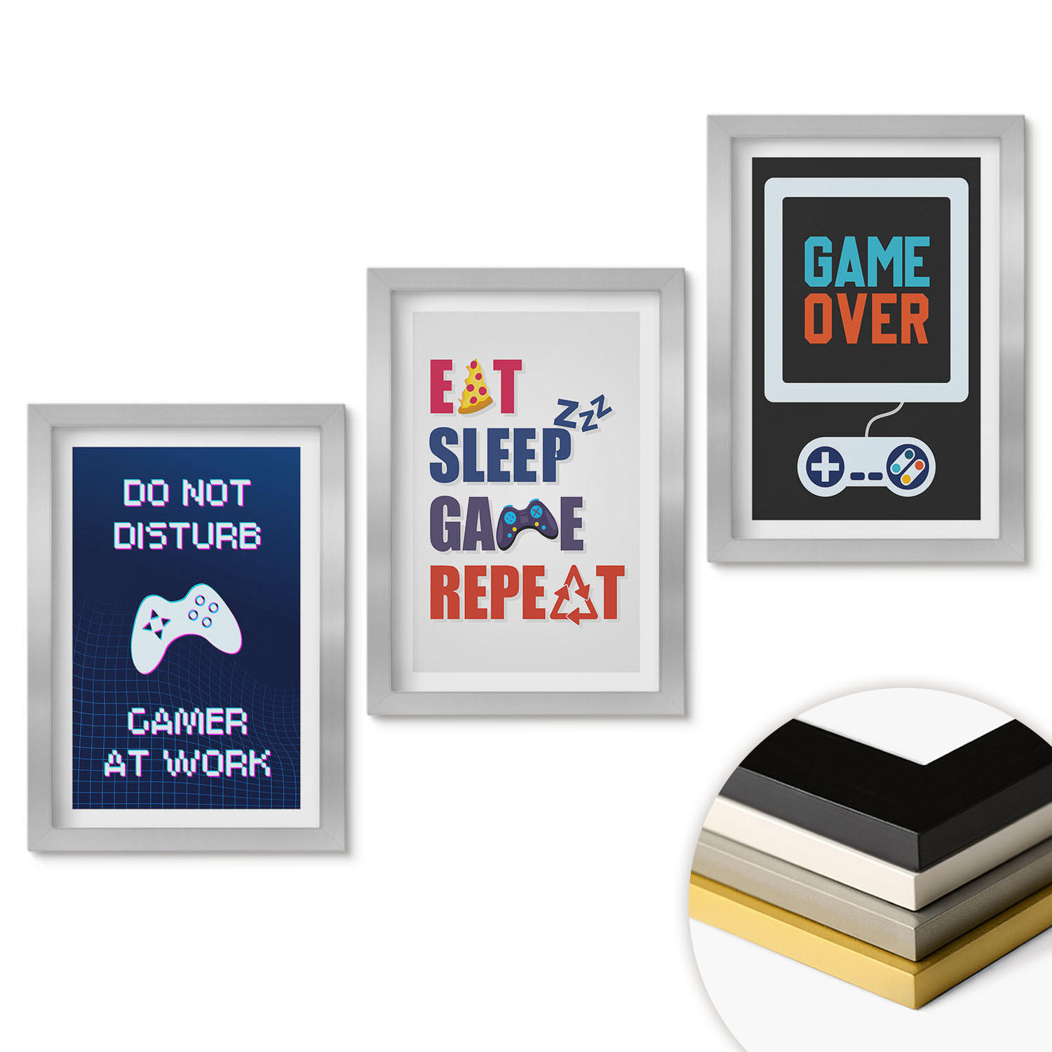 WANDBILDER 3er Set - 20x30 cm Silberner Rahmen - Untertitel für die Spieleunterhaltung - Silberfarben, Kunststoff (20/30cm) - ArtPrintCave