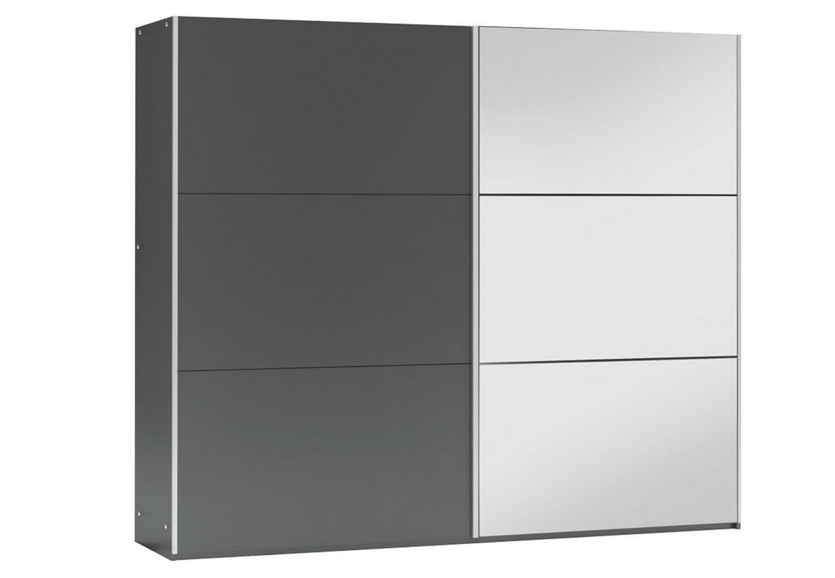 KLEIDERSCHRANK Govi 250 Graphit, zweitüriger Schiebeschrank mit Spiegel und Schubladen - Graphitfarben, Holzwerkstoff (250/215/65cm) - Bettso
