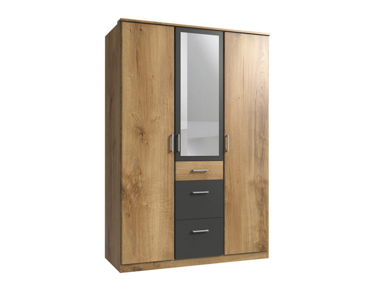 KLEIDERSCHRANK Click in Plankeneiche mit Grafit - Drehtürenschrank 135 cm Breite mit Spiegel - Braun, Holzwerkstoff (135/199/58cm)