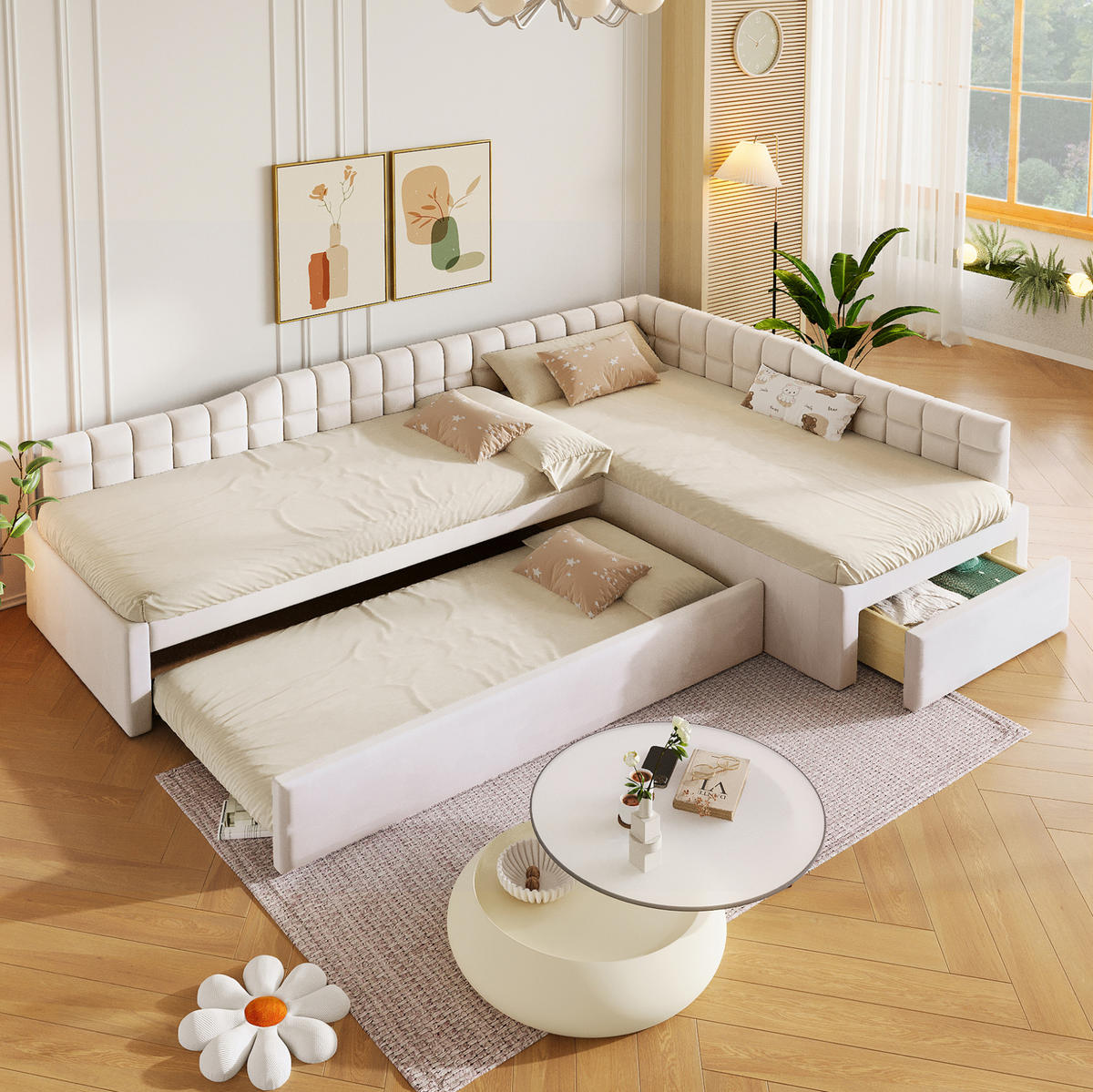 BETT 90/200 cm in Beige mit Schubladen und Samtbezug - Beige, Textil (90/200cm) - Flora Grace