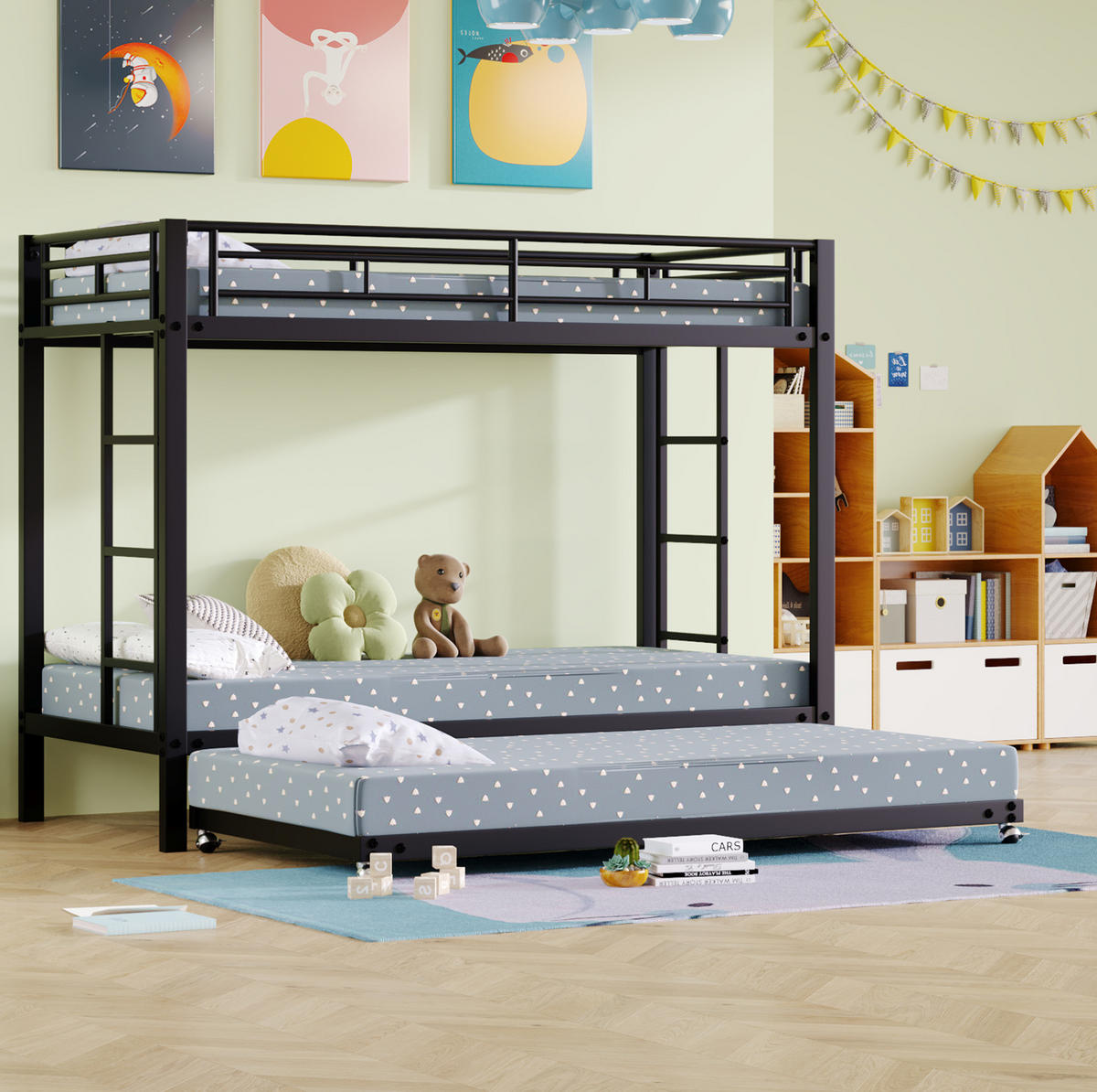 ETAGENBETT 90/200 cm aus Metall mit Ausziehbett in Schwarz - Schwarz, Metall - BEAOK
