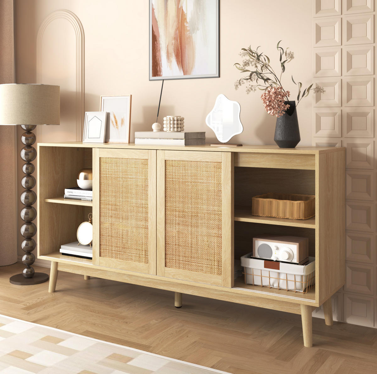 SIDEBOARD aus MDF/Spanplatte mit Rattan-Schiebetüren und 2 Schubladen, 155/38/80 cm，Naturfarben - Naturfarben, Holzwerkstoff (38/80/155cm) - Redom