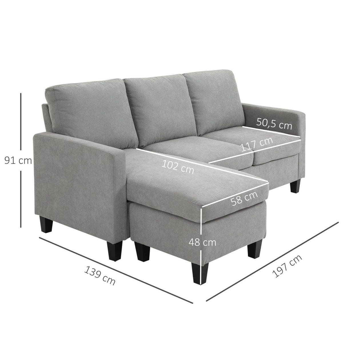 ECKSOFA Couch mit Wendbar Chaiselongue für Wohnzimmer, 197 x 139 x 91 cm - Hellgrau/Schwarz, Kunststoff/Textil (139/197cm) - HOMCOM
