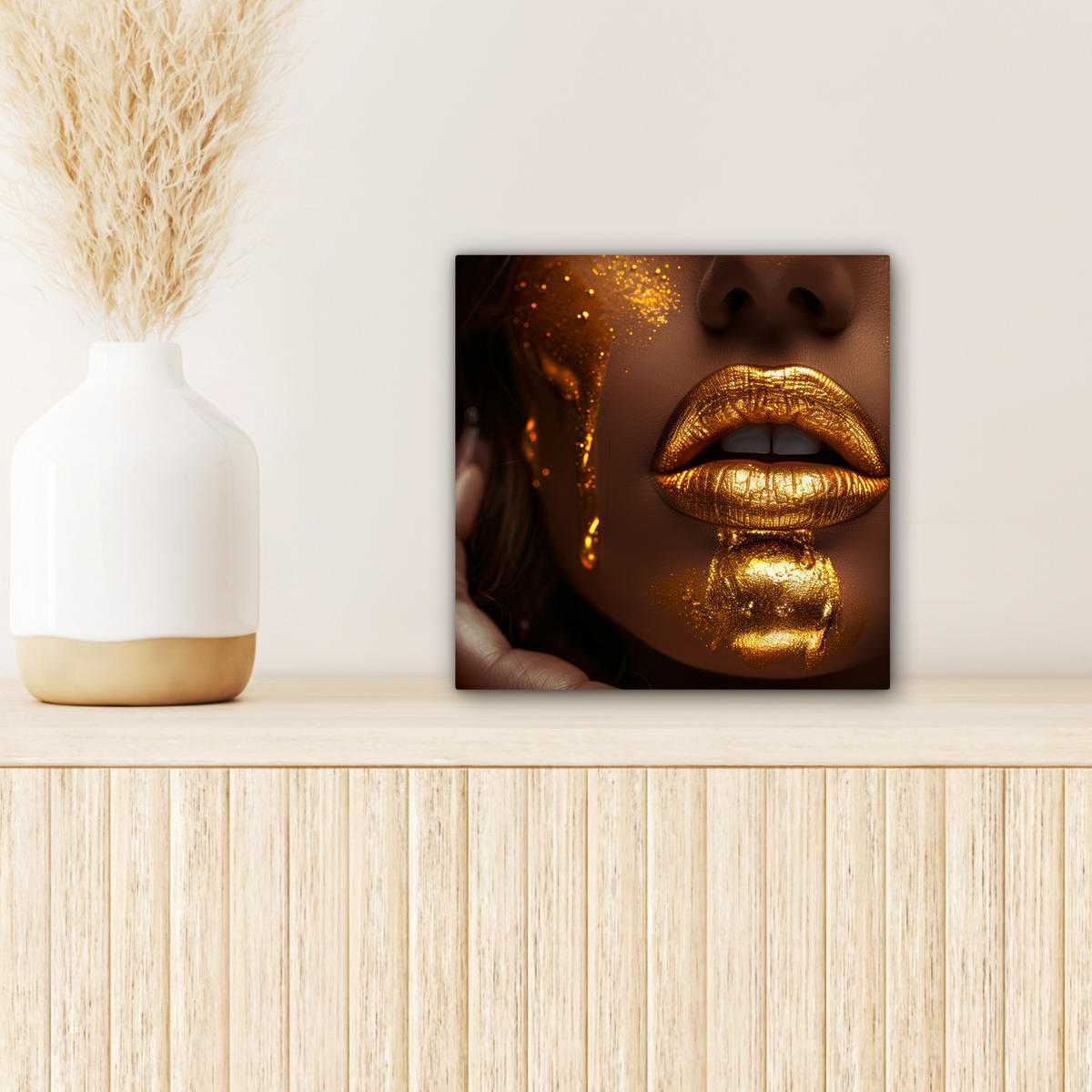 LEINWANDBILD Frau - Gold - Luxus - Porträt Deko Wohnzimmer 20x20 cm - Goldfarben, Textil (20/20cm) - MuchoWow