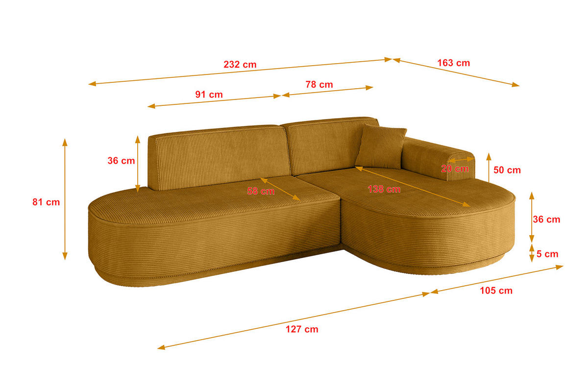 ECKSOFA Ottomane Rechts MARI-L1-v3 - 232x163x81 cm Senfgelb Cord - Gelb/Schwarz, Holzwerkstoff/Kunststoff (232/163cm) - ALTDECOR