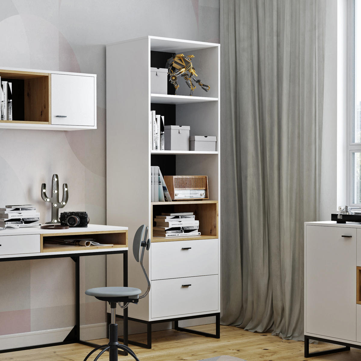 BÜCHERREGAL Randy 60/202/40 mit Schubladen - Schwarz/Weiß, Holzwerkstoff/Kunststoff (60/202/40cm) - Ravio
