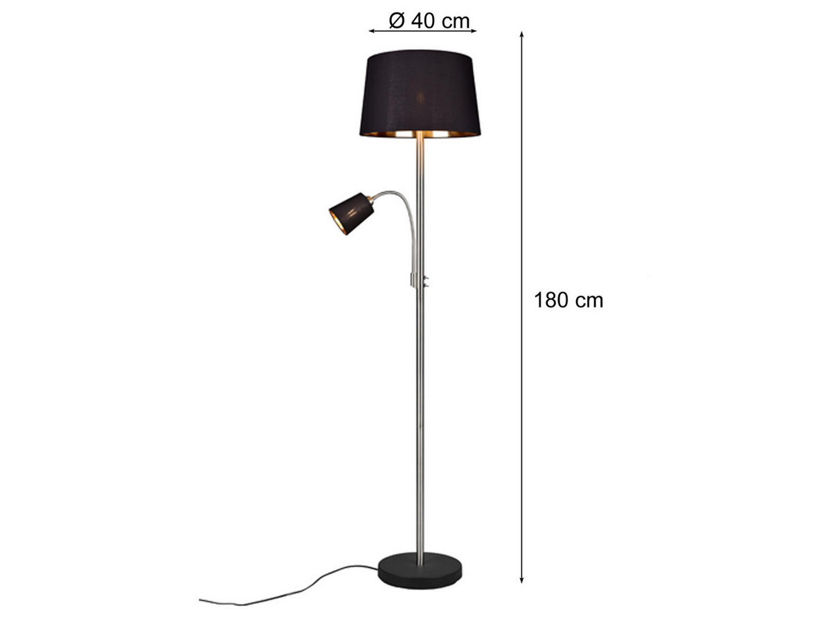 STEHLEUCHTE mit Leselampe Schwarz Gold, Höhe 180cm - Silberfarben/Goldfarben, Textil/Metall (40/40/170cm) - meineWunschleuchte