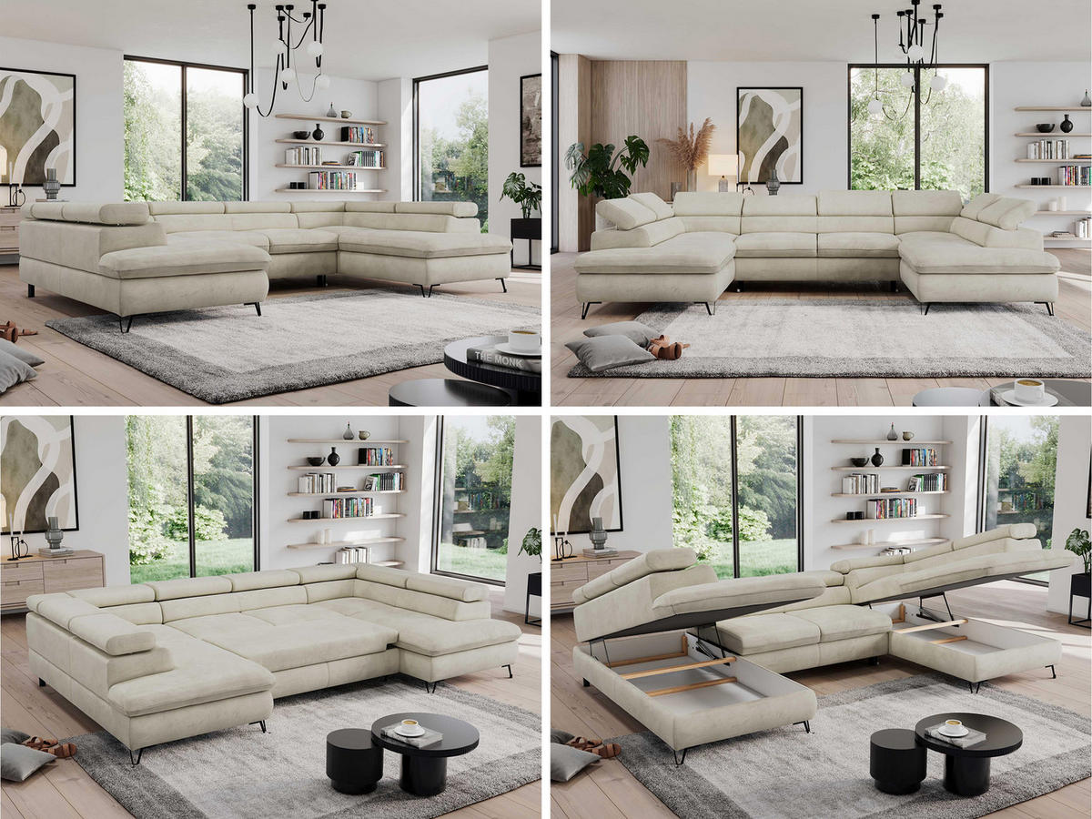 WOHNLANDSCHAFT PEDRO U Velvet Beige - Beige/Schwarz, Textil/Metall (346/76/208cm) - MKS