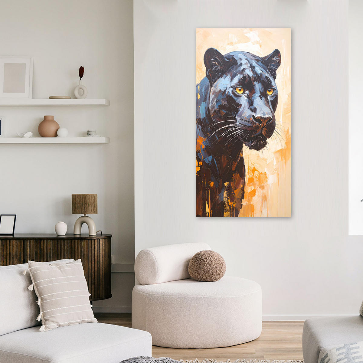 LEINWANDBILD Schwarze Panther-Tiere 60x120cm - Beige, Textil (60/120cm) - Feeby