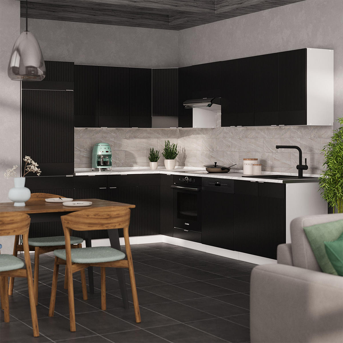 ECKKÜCHE Fame-Line, Schwarz gestreift/Weiß, 227 x 287 cm, AP Anthrazit - Schwarz/Weiß, Holzwerkstoff (287/81.6/60cm) - Vicco