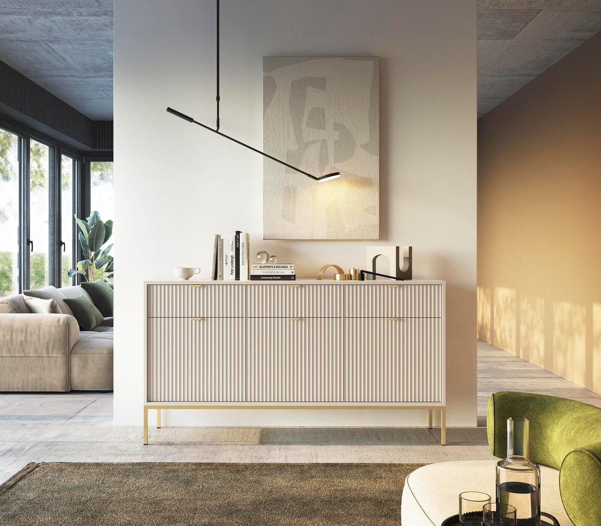 SIDEBOARD AVON Beige, Gold 154x39x83 cm - Beige/Goldfarben, Holzwerkstoff (154/83/39cm) - FURNLUX