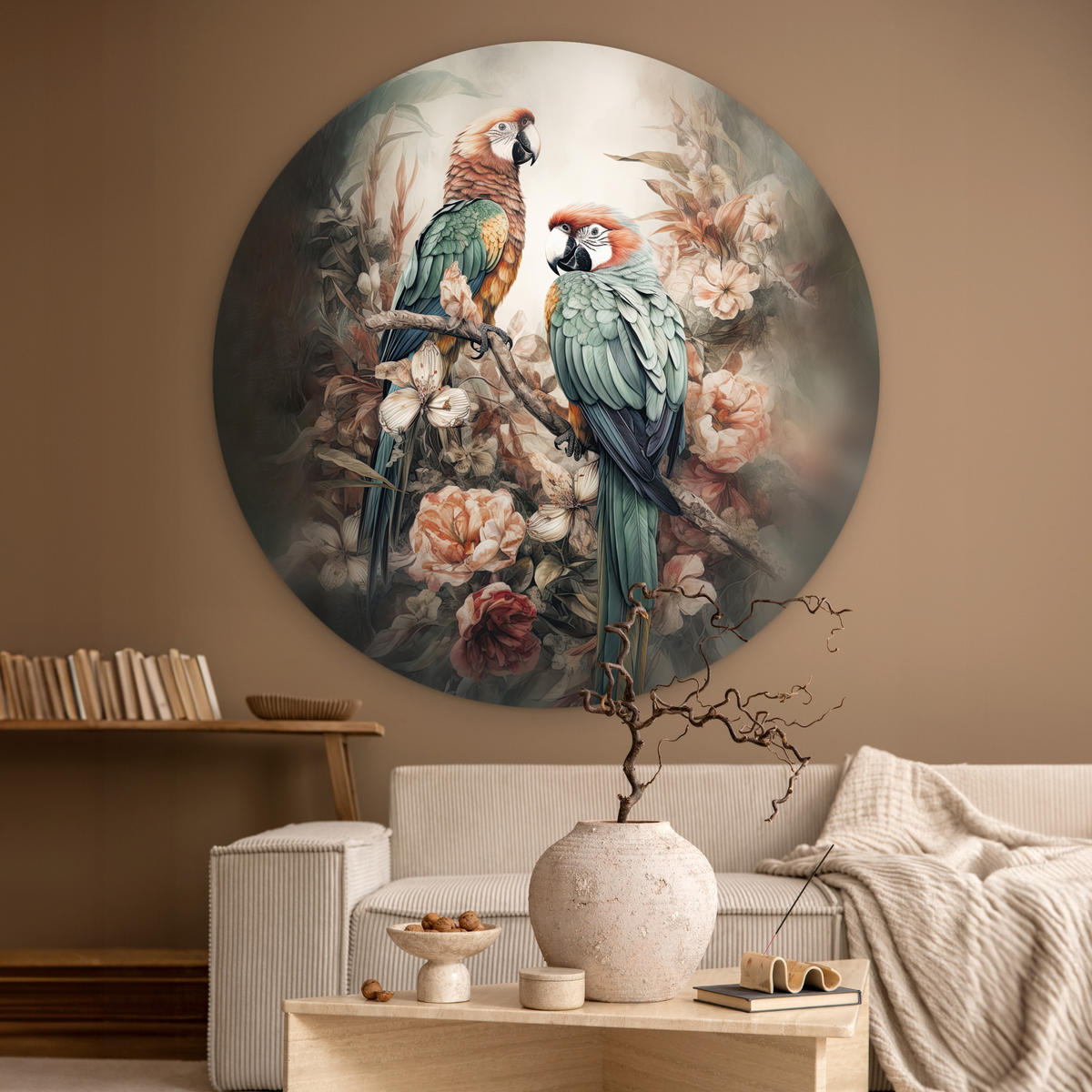 WANDBILD Papageien - Vögel - Natur - Blumen 140x140 cm - Baltimorefarben, Kunststoff (140/140cm) - MuchoWow