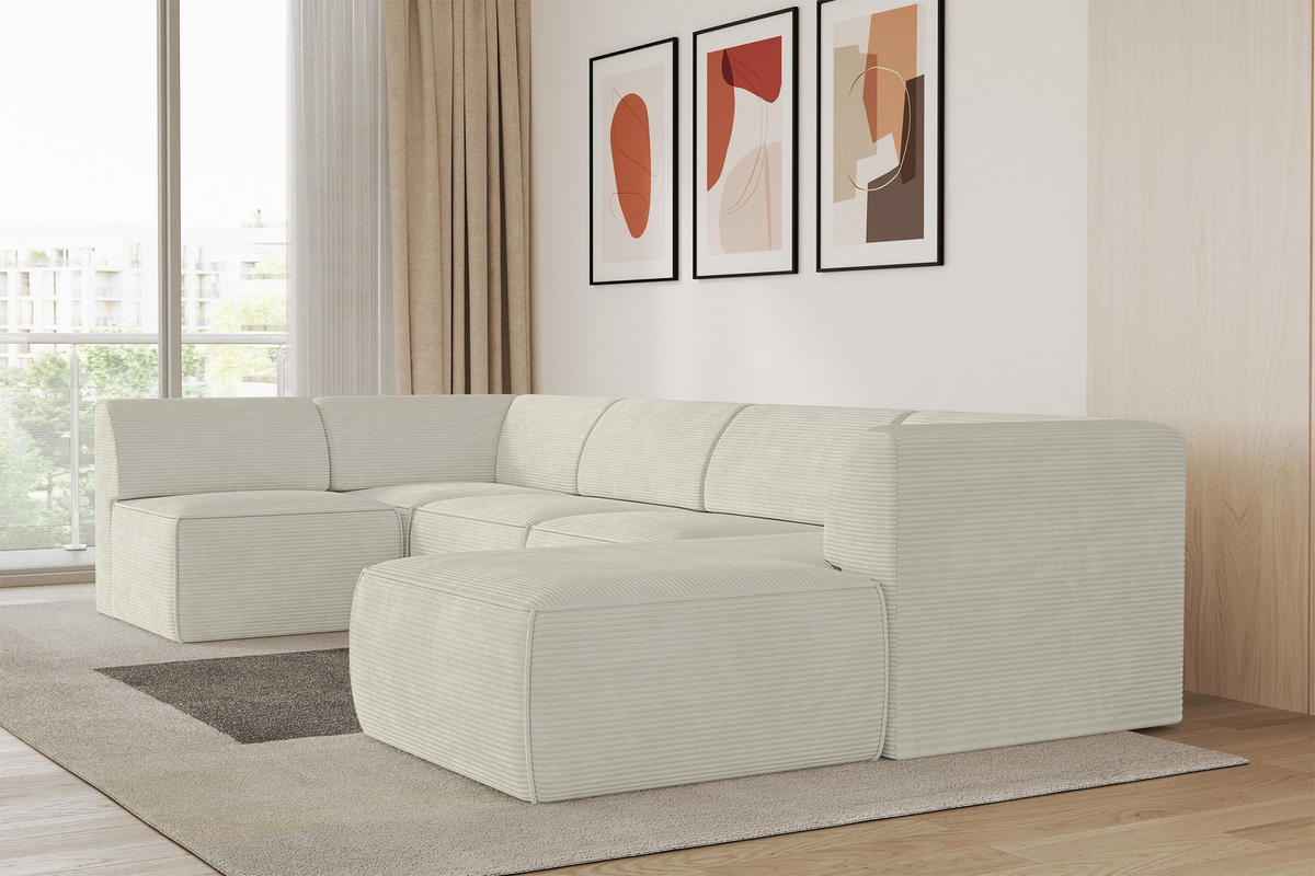 WOHNLANDSCHAFT Ottomane Rechts MOVO-L 345x180x78 cm Cream Cord - Creme, Holzwerkstoff/Kunststoff (180/78/345cm) - ALTDECOR