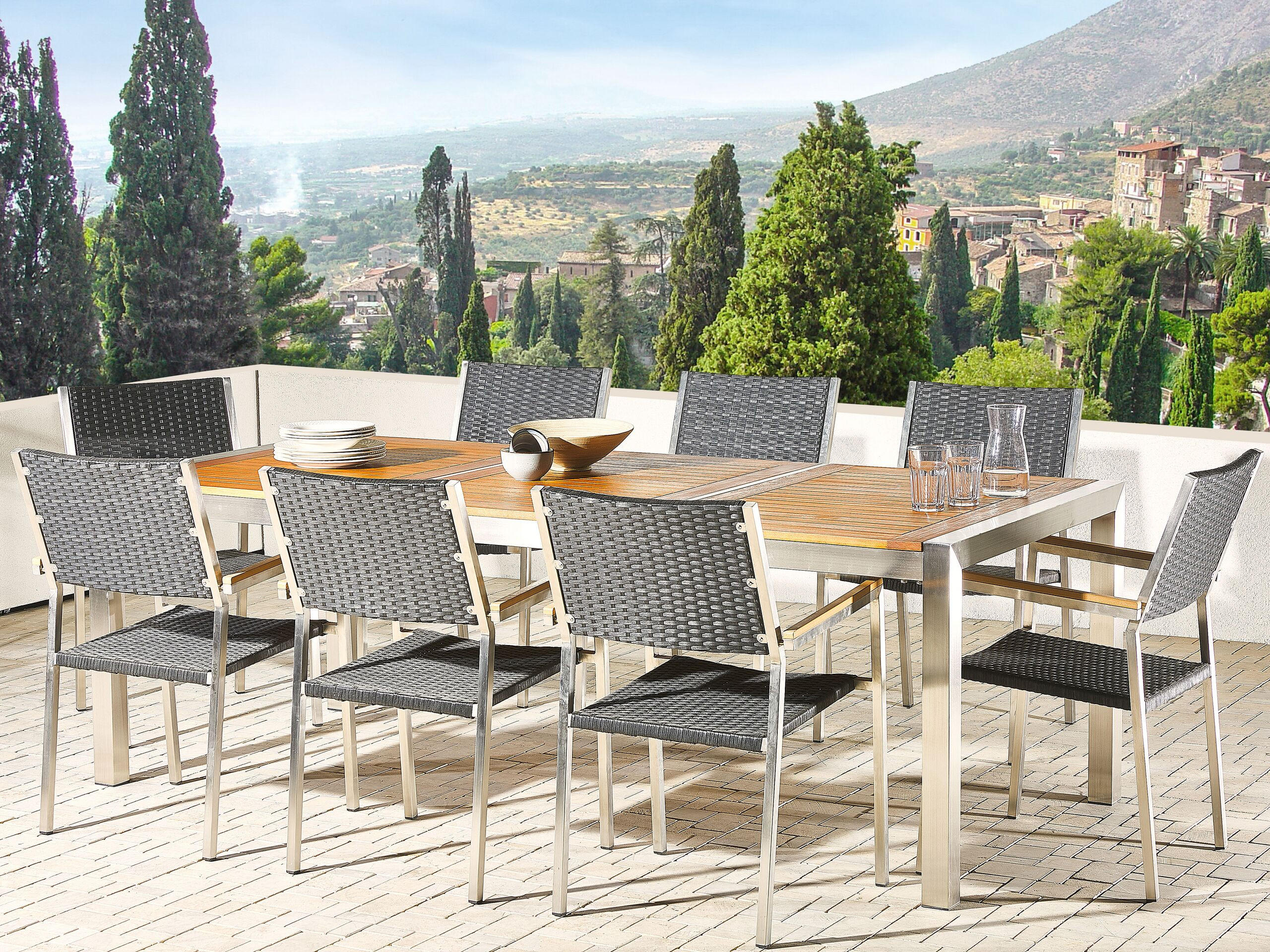 GARTENMÖBEL-SET 8-Sitzer Eukalyptusholz Rattan schwarz Grosseto - Hellbraun/Silberfarben, Holz - Beliani