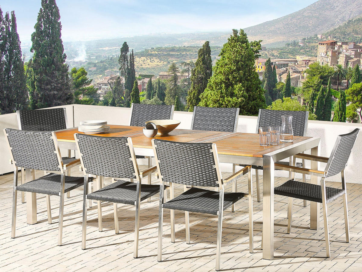 GARTENMÖBEL-SET 8-Sitzer Eukalyptusholz Rattan schwarz Grosseto - Hellbraun/Silberfarben, Holz - Beliani