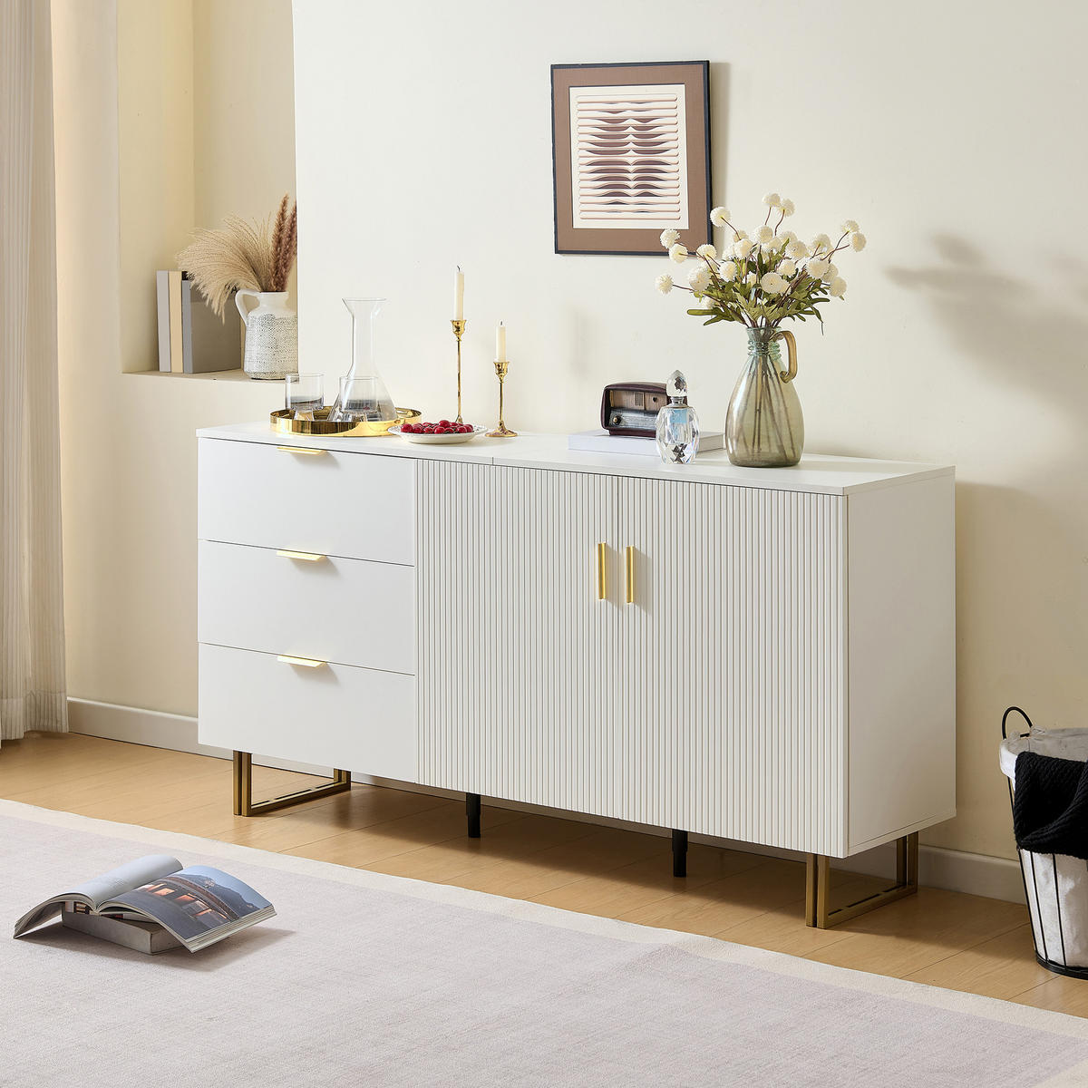 SIDEBOARD DE-37551 160/40/81,5 cm mit 2 Türen und 3 Schubladen Weiß - Weiß, Holzwerkstoff (160/81.5/40cm) - ComfortXL