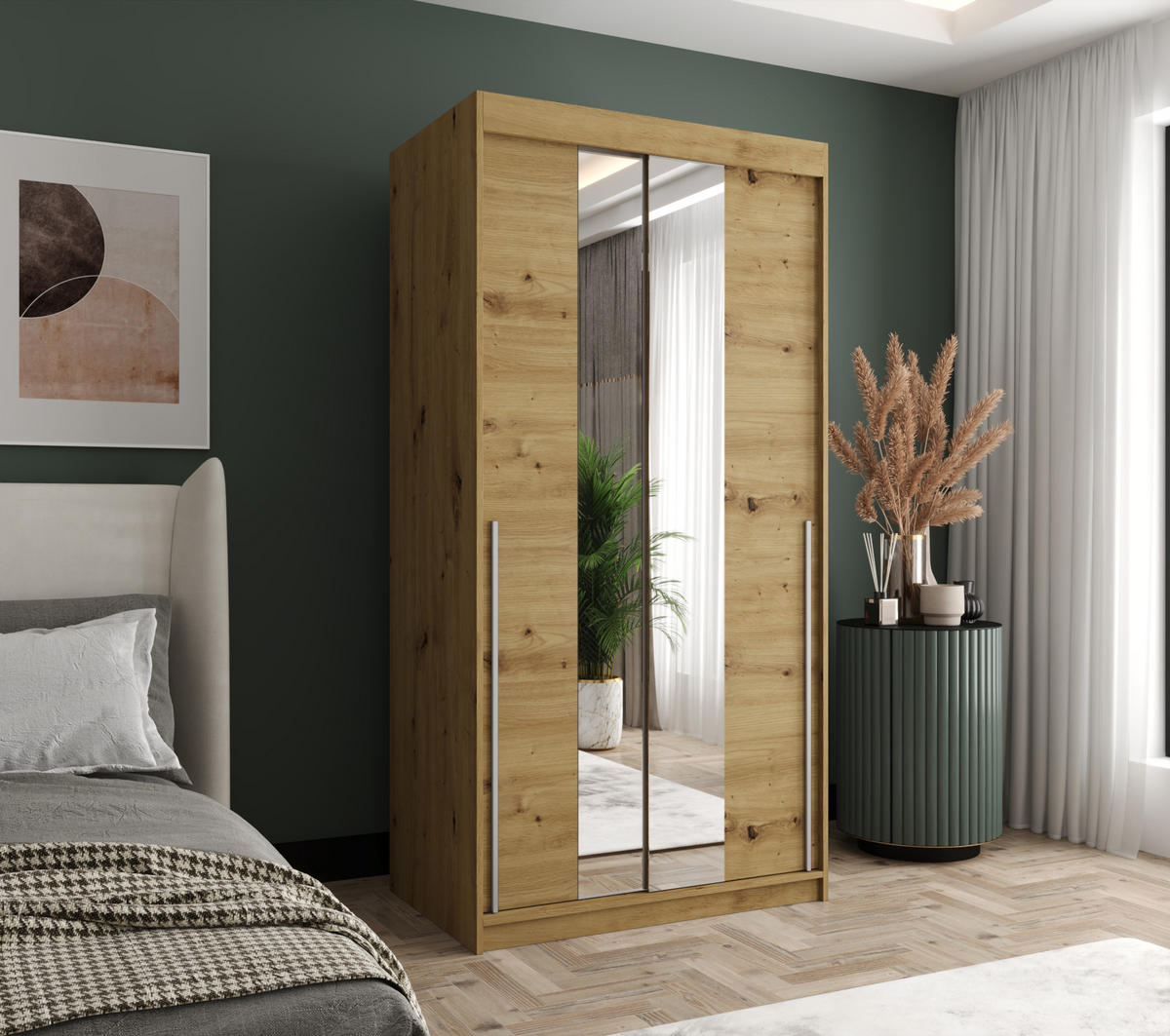 SCHWEBETÜRENSCHRANK mit Spiegel 100 cm Breite Artisan mit silbernem Griff - Silberfarben/Eiche Artisan, Holzwerkstoff (100/200/62cm) - Home Collective