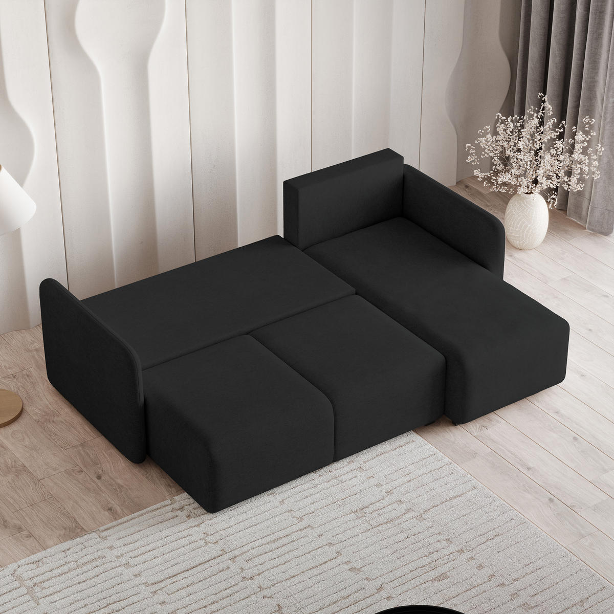 ECKSOFA SUVINO Schwarz Geflochtener Stoff mit Schlaffunktion - Schwarz, Holz (230/143cm) - MASSENO
