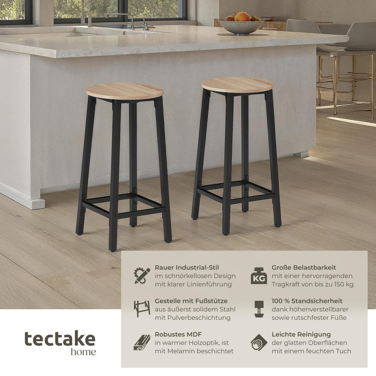 BARHOCKER 2er Set Corby,Sitzhöhe 66 cm,Industrial Holz hell - Naturfarben, Holz (32/66/32cm) - tectake