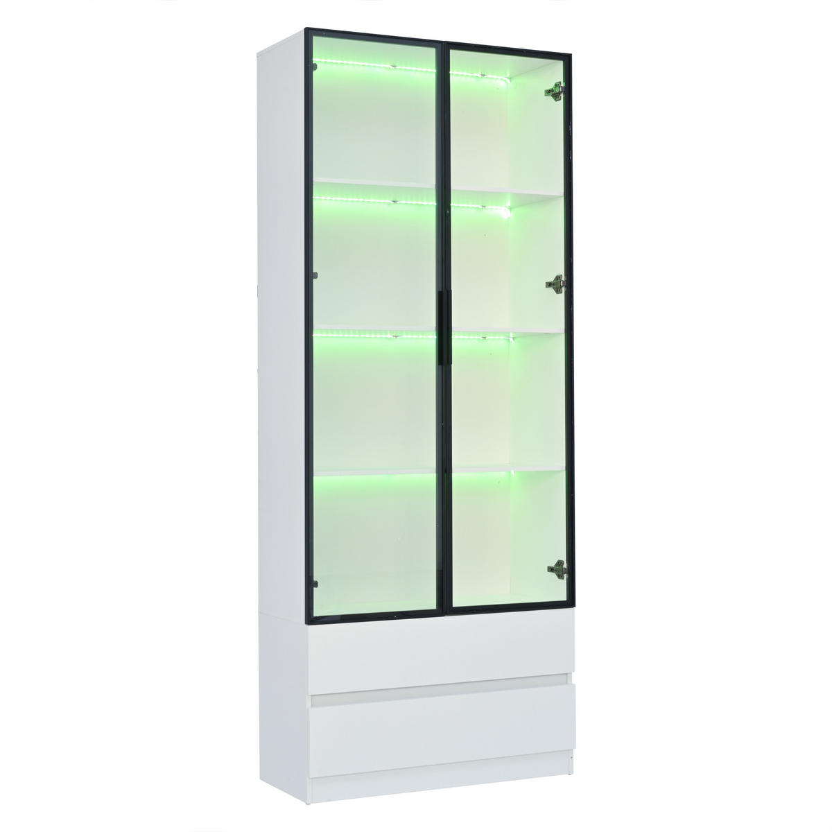 VITRINE LED Hochschrank 2 Türen 2 Schubladen Weiß - Weiß, Holzwerkstoff (80/200/34cm) - FLIEKS