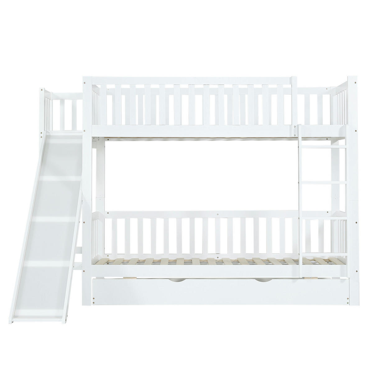 ETAGENBETT 90/200 cm mit Rollbett 90/190 cm, Rutsche, Regalen und 4-stufiger Leiter aus Kiefer/MDF, Weiß - Weiß, Holzwerkstoff (90/200cm) - Redom