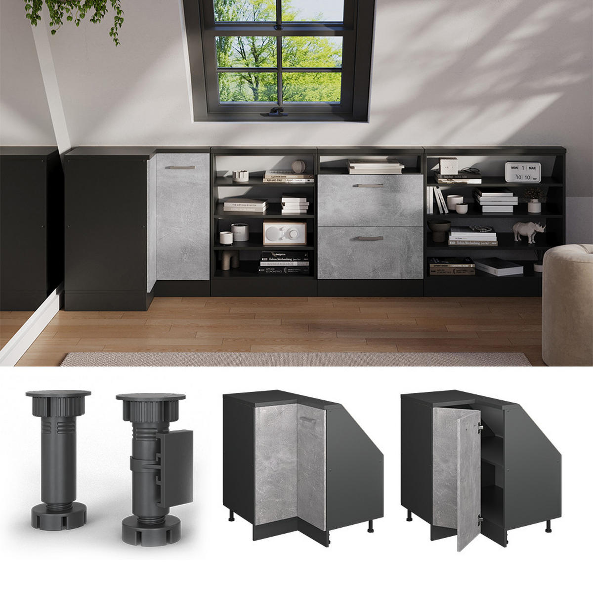 DACHSCHRÄGENSCHRANK ECKSCHRANK Rion Beton/Anthrazit 75.6 x 81.6 cm mit 1 Tür - Anthrazit/Grau, Holzwerkstoff (75.6/81.6/75.6cm) - Vicco