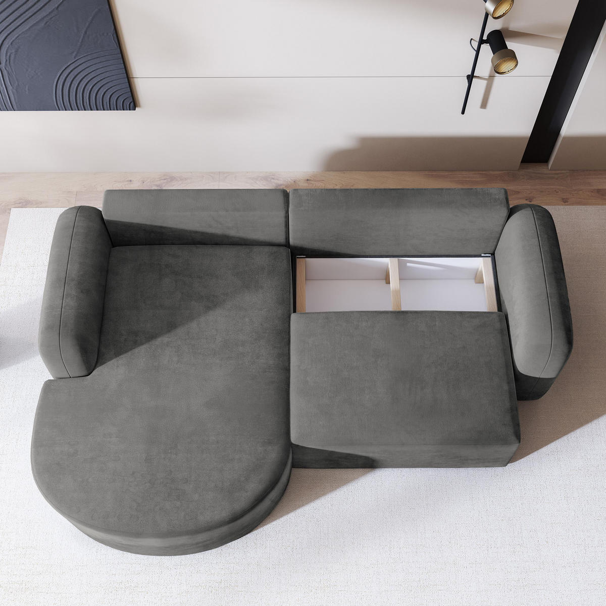 ECKSOFA AMILIA M L-S Grau Velours-Stoff mit Schlaffunktion - Grau, Holz (263/174cm) - MASSENO