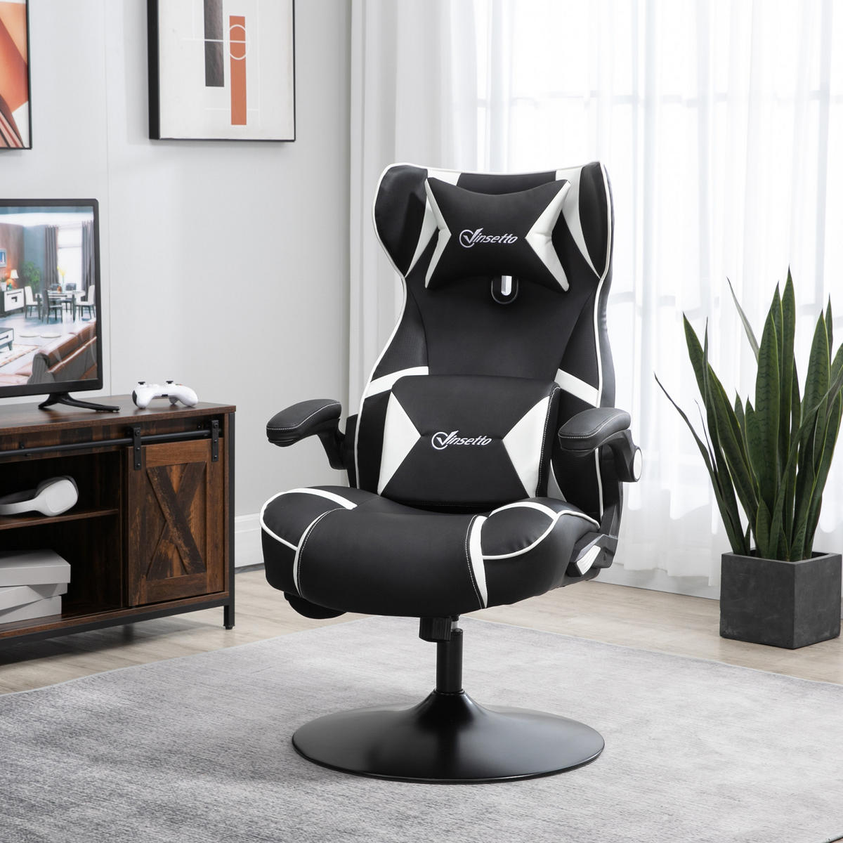 GAMING Stuhl mit runder Bodenplatte, drehbar & neigbar, ergonomischer Sessel, Schwarz-Weiß - Weiß, Leder (69/112/73cm) - BRILVERDE