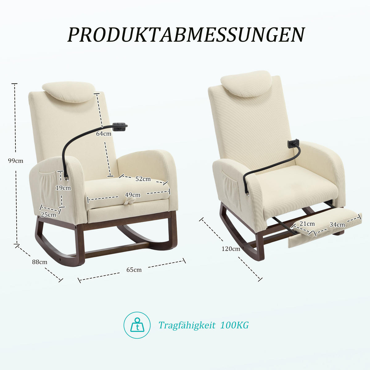 SCHAUKELSTUHL mit hoher Rückenlehne und Kopfstütze, ausziehbare Fußstütze/Handyhalterung – Beige - Beige, Holz/Textil (88/99/65cm) - KOMHTOM