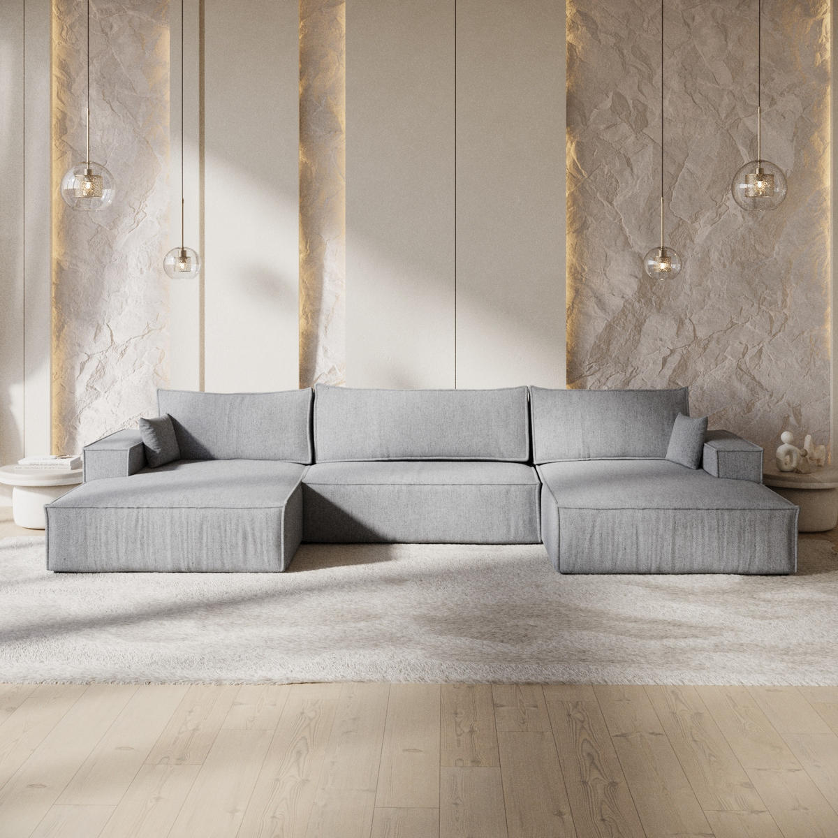 WOHNLANDSCHAFT NUBO mit Schlaffunktion Creme im Neve Stoff - Schwarz/Grau, Holz/Holzwerkstoff (398/70/148cm) - AltaBeds