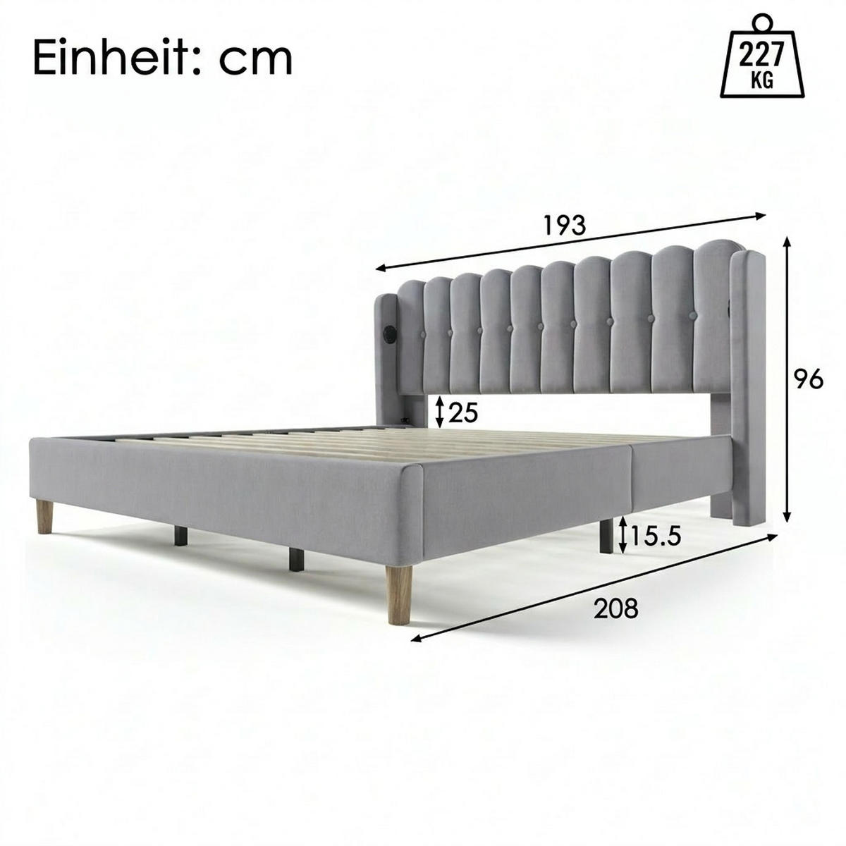 POLSTERBETT 180/200 cm Grey mit USB Typ C Ladefunktion - Grau, Textil (180/200cm) - Oxeza