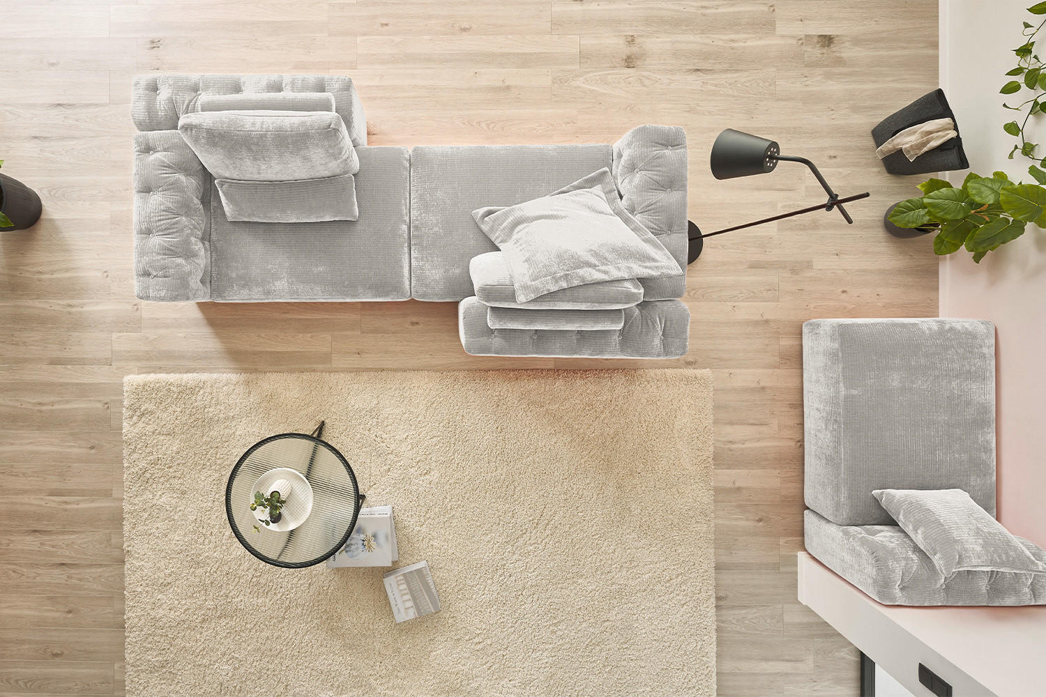 MODULSOFA SEPHI Silber Cord - Silberfarben/Schwarz, Kunststoff/Textil (268/62/191cm) - KAWOLA