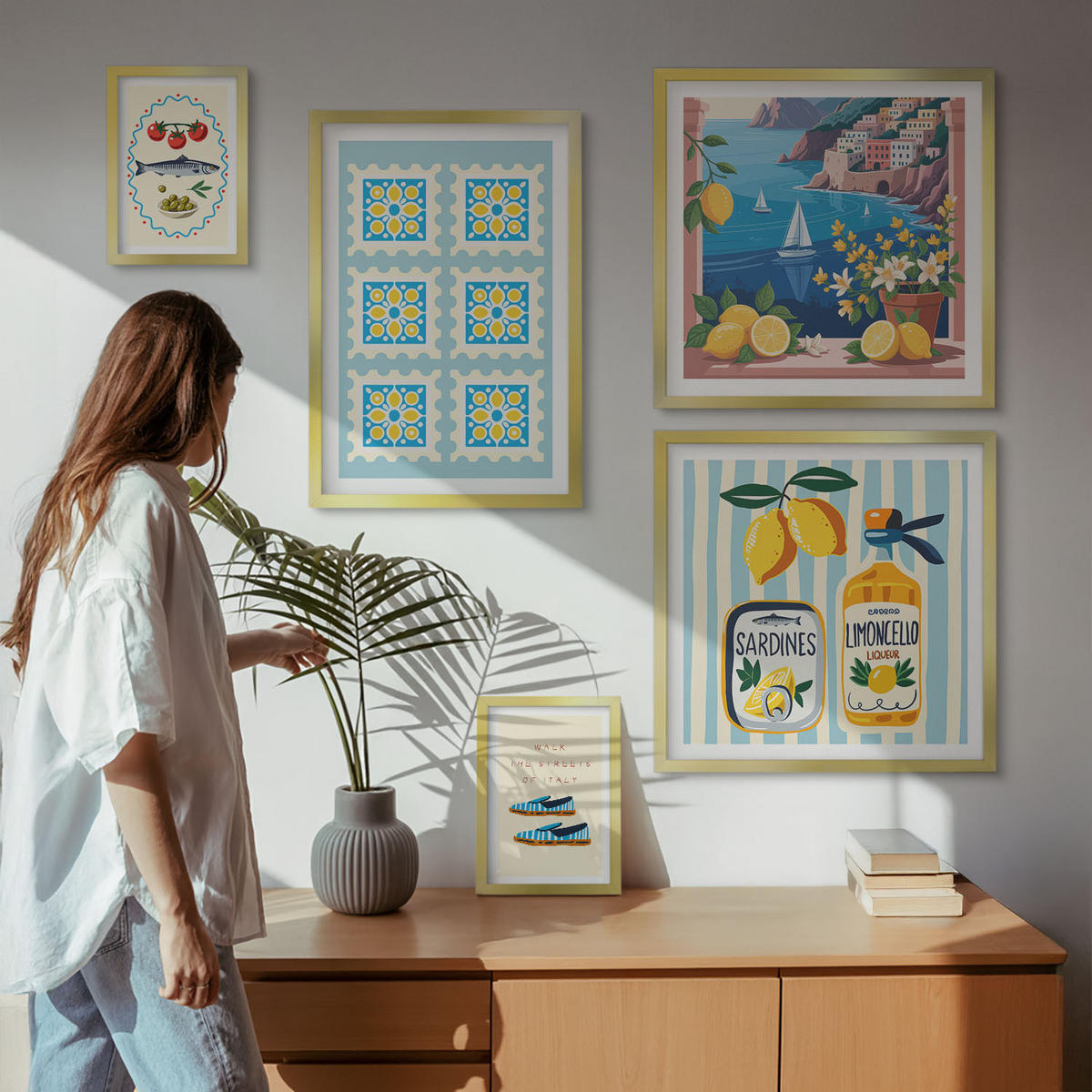 BILDER SET 5er Set - 50x50 cm & 20x30 cm & 40x60 cm Goldrahmen - Illustrationen der mediterranen Küche - Goldfarben, Kunststoff (40/60cm) - TULUP