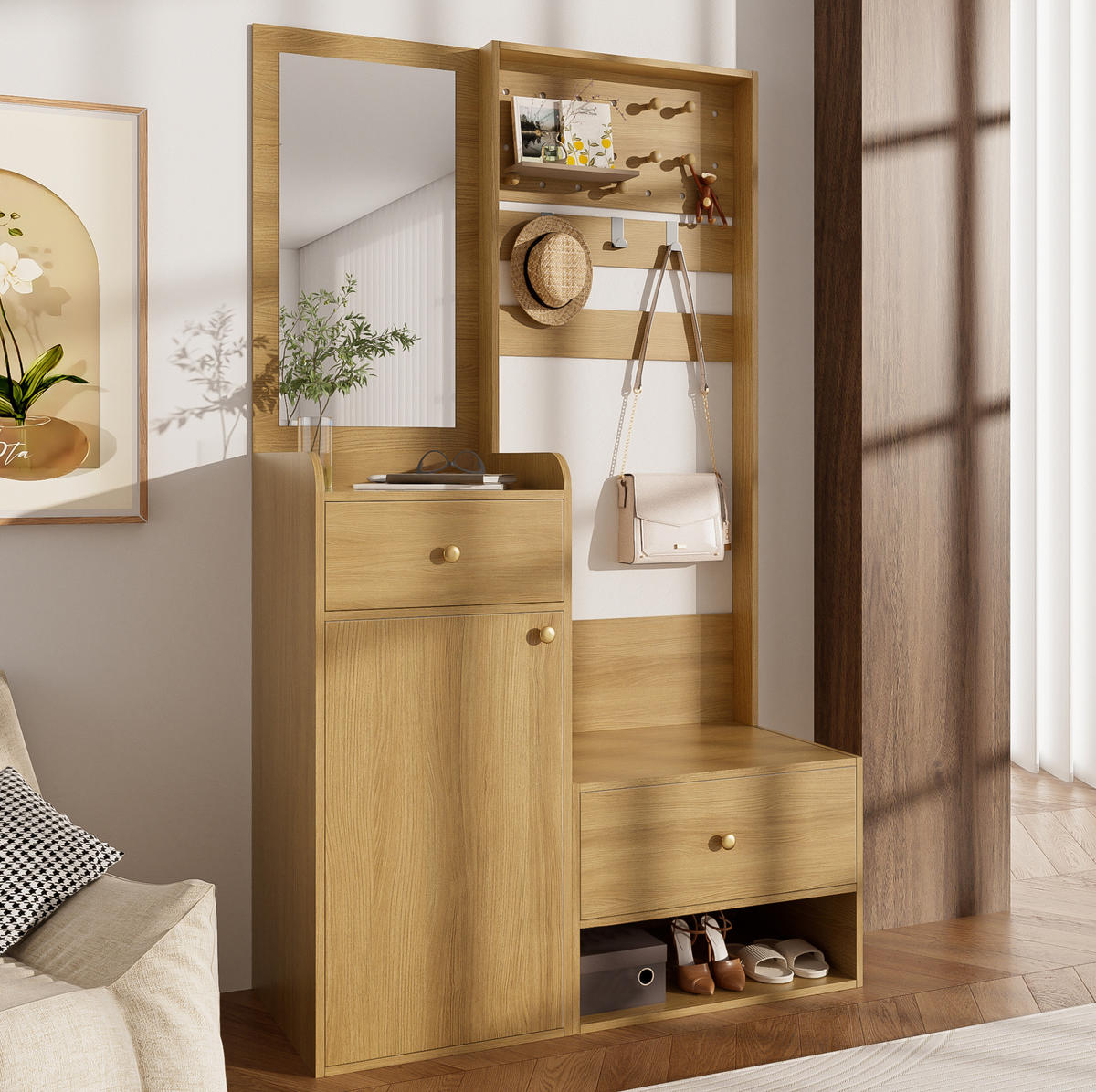 DIELENGARDEROBE mit Spiegel und Stauraum 105/38/180 cm in Holzfarben - Naturfarben, Holzwerkstoff (38/180/105cm) - BEAOK