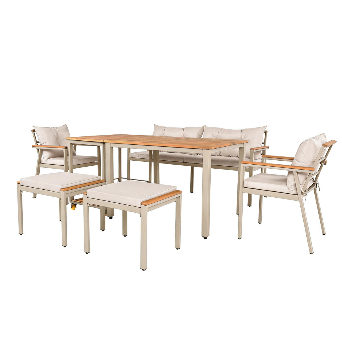 GARTEN-ESSGRUPPE 171/35/81 cm eige/Natur aus Akazienholz mit Servierwagen für 6-7 Personen - Beige, Metall - OKWISH