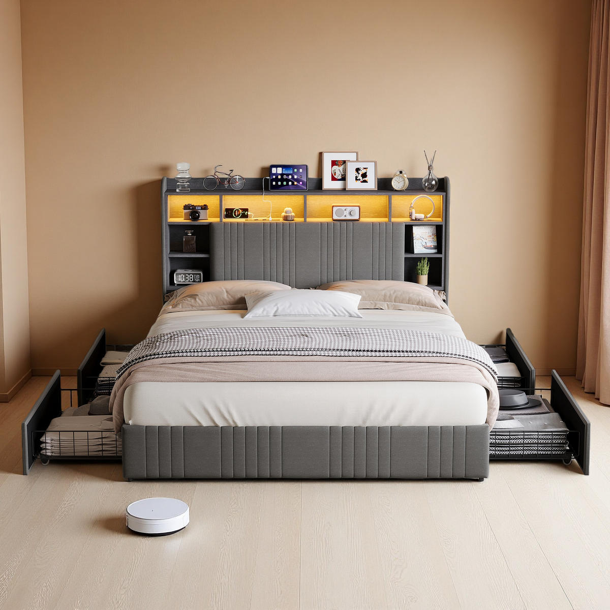 POLSTERBETT 140x200 GRAU Leinenstoff, 4 Schubladen, LED, USB/USB-C - Grau, Holz - SHOPENTRA