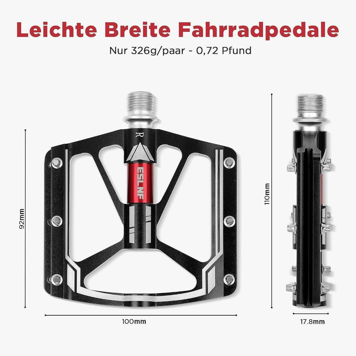 FAHRRADPEDALE 2-teiliges Set Flat Pedale MTB Leicht CNC Aluminium 9/16 Zoll Schwarz-Rot - Schwarz, Metall (10/1.5/10cm)