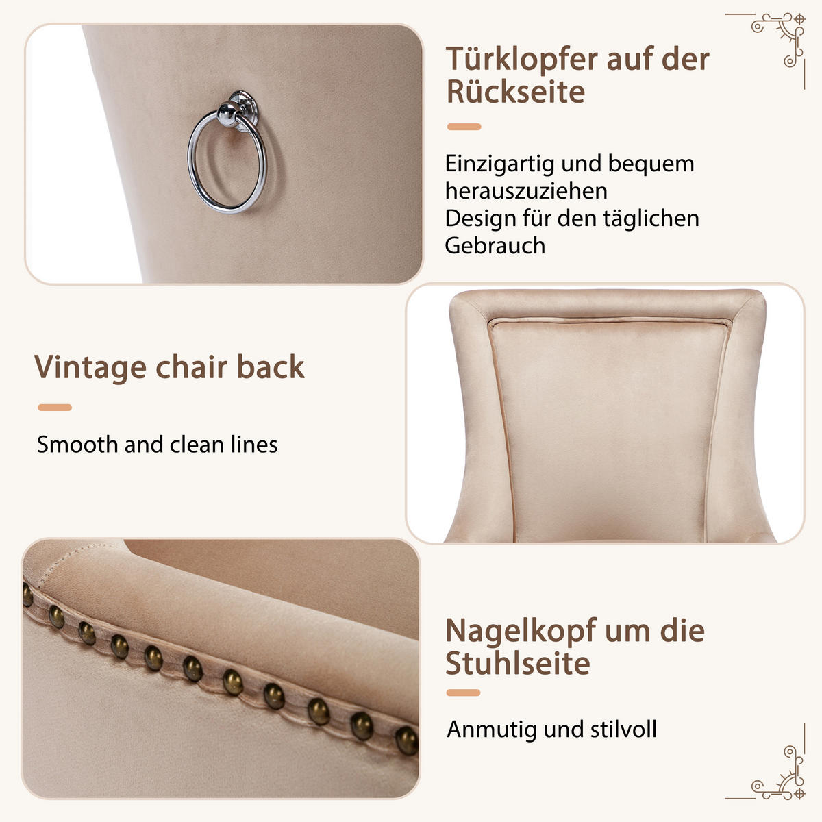 JÍDELNÍ ŽIDLE, sada 2 ks, béžový samet, masivní dřevo - béžová, textil (55/91/61cm) - FLIEKS
