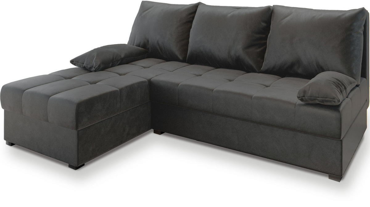 ECKSOFA RITA Grau Plüsch-Stoff mit Schlaffunktion - Grau, Holz (200/141cm) - MASSENO
