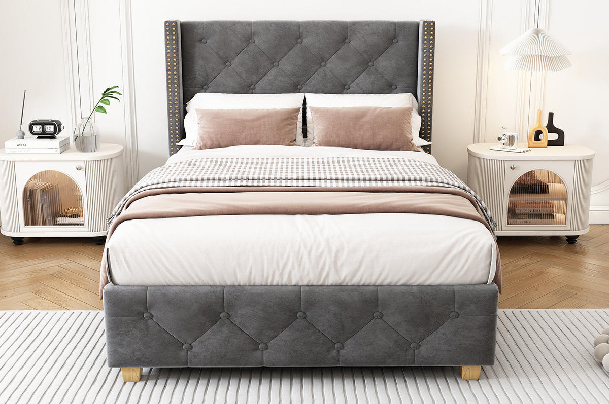 POLSTERBETT aus Samt 90x200 cm Grau mit Lattenrost, Knopfheftung und Nietenverzierung - Grau, Textil (90/200cm) - Modfu