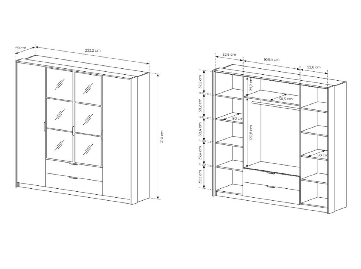 KLEIDERSCHRANK 225 cm mit LED Taviano, 4 Türen, Spiegel - Eichefarben, Holz (223/210/59cm) - Emporius