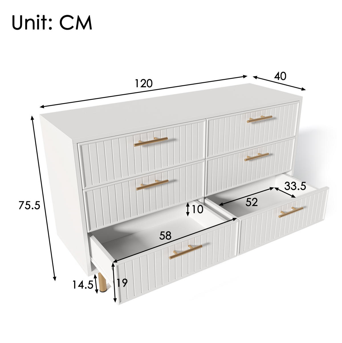 KOMMODE 120/40/75 cm in Weiß mit 6 Schubladen und geriffelten Fronten - Weiß, Holzwerkstoff (120/40/75cm) - Flora Grace