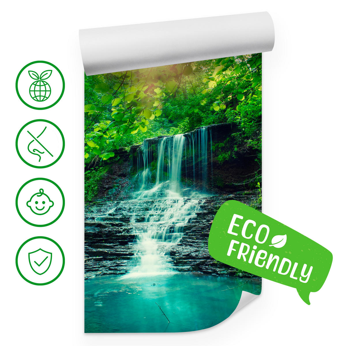 FOTOTAPETE für Schlafzimmer Türkisfarbener Wasserfall Wald Bäume Blätter Felsen 250x175 - Türkis/Blau, Papier (250/175cm) - Muralo