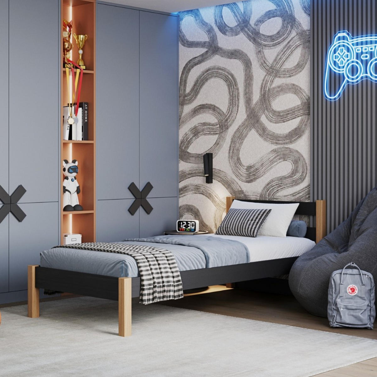 BETT N01 Schwarz / Eiche Natur 120/190 - Schwarz/Eiche Artisan, Naturmaterialien/Holz (120/190cm) - N-Wood