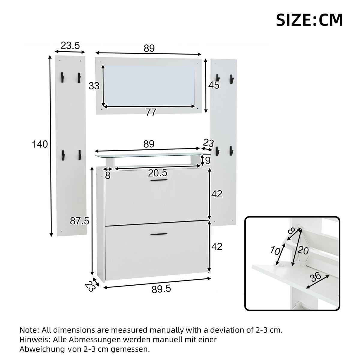 KOMPAKTGARDEROBE Spiegel Hochglanz Schuhschrank 8 Haken - Weiß, Holzwerkstoff (89.5/96.5/23cm) - FLIEKS