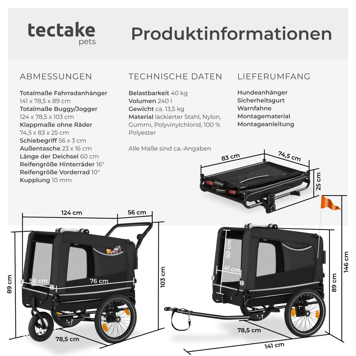 HUNDEANHÄNGER Woofrider,inklusive Reflektoren, Leine und Warnfahne,schwarz - Schwarz, Metall (78.5/89/141cm) - tectake